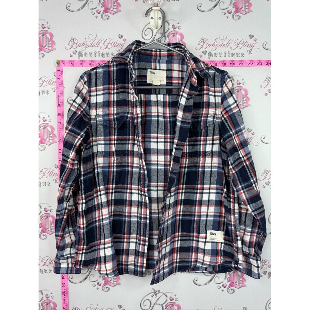 Tilley shirt Women's Navy Red White Plaid Button-Down Shirt